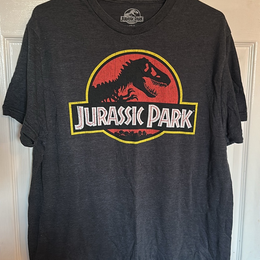 Jurassic Park Men's Short Sleeve Tee - Charcoal with Red Logo